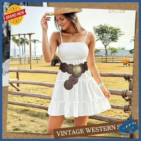 Western Hollow Disc Leather Belt Wide Adjustable Cowgirl Style - Picture 5 of 8